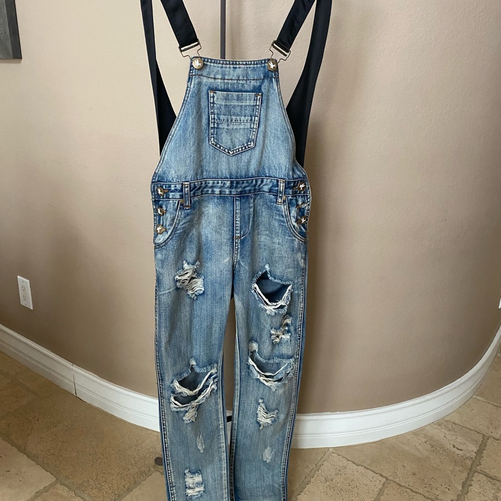 One Teaspoon Blue Denim Overalls with Black Trim